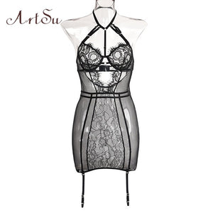 Women Fashion Lingerie Mesh Lace Dress Set