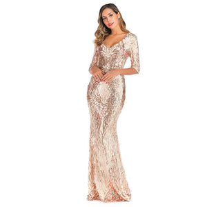 Women Fashion Lingerie V Neck Half Sleeves Evening Gown Long Party