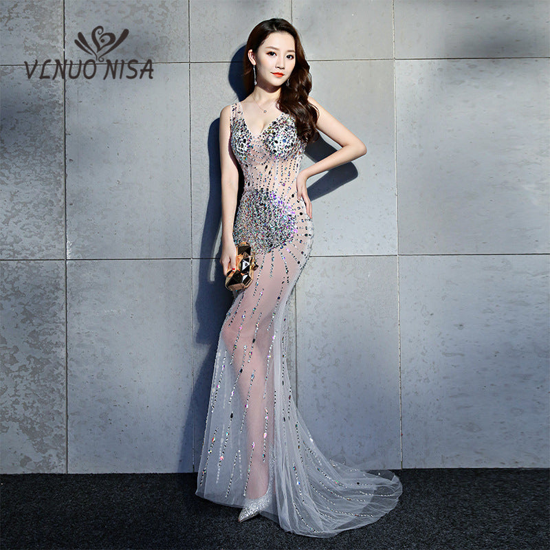 Women Fashion Lingerie V-Neck Long Evening Dress