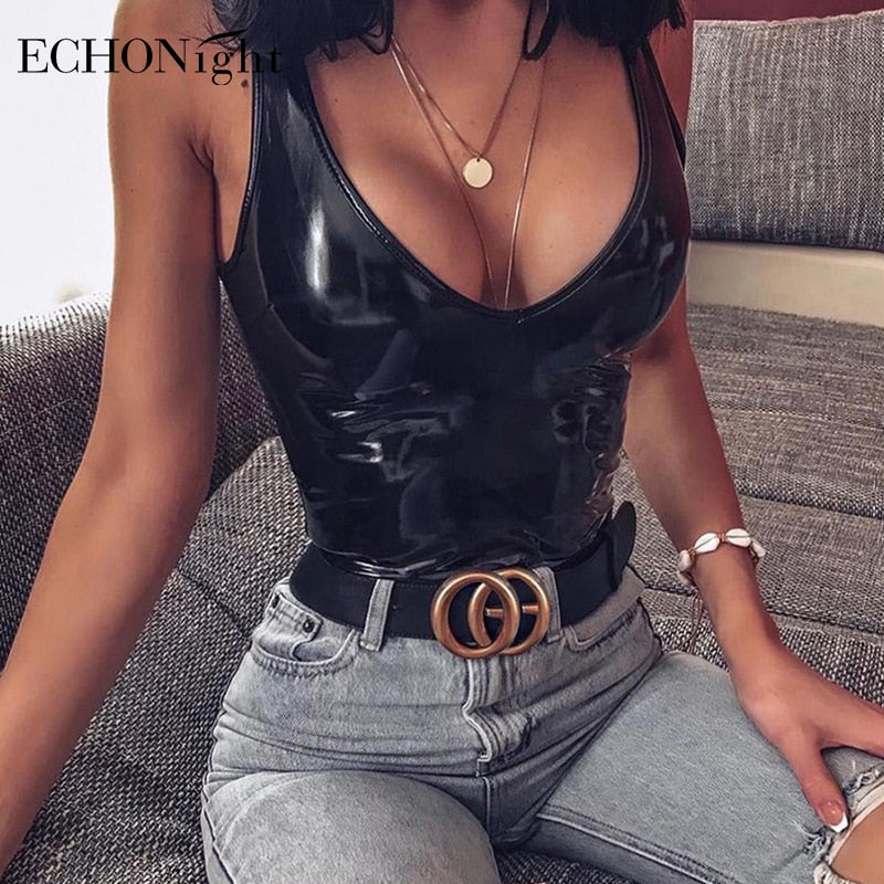 Leather Bodysuit Deep-V Neck