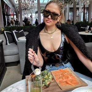 Leather Bodysuit Deep-V Neck