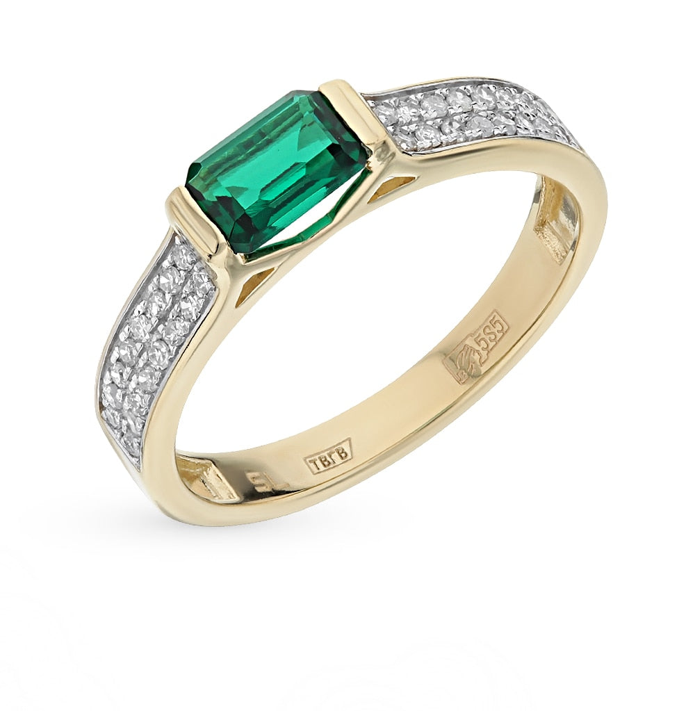 Gold Ring with Emerald and Diamonds Sunlight