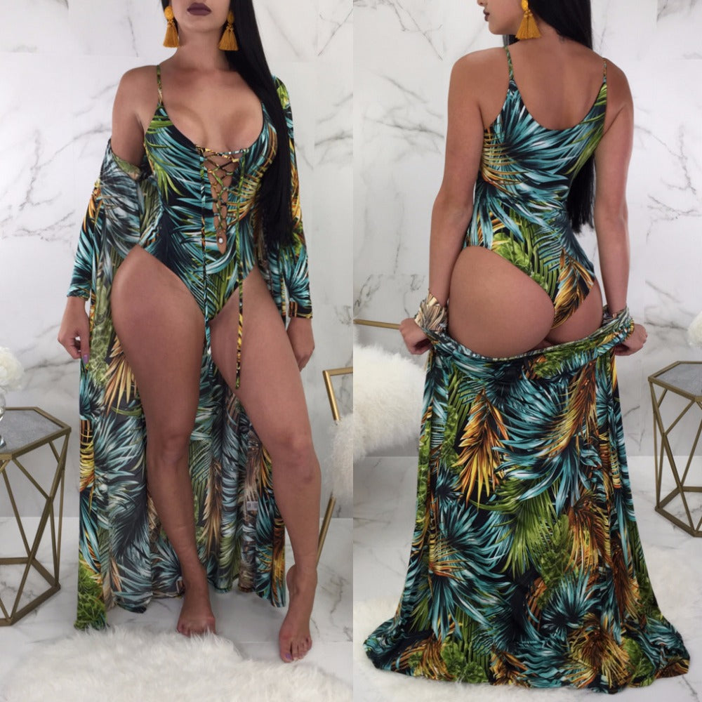Women Fashion Linger One Piece Swimsuit with Beach Suit