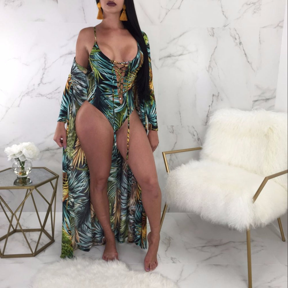 Women Fashion Linger One Piece Swimsuit with Beach Suit